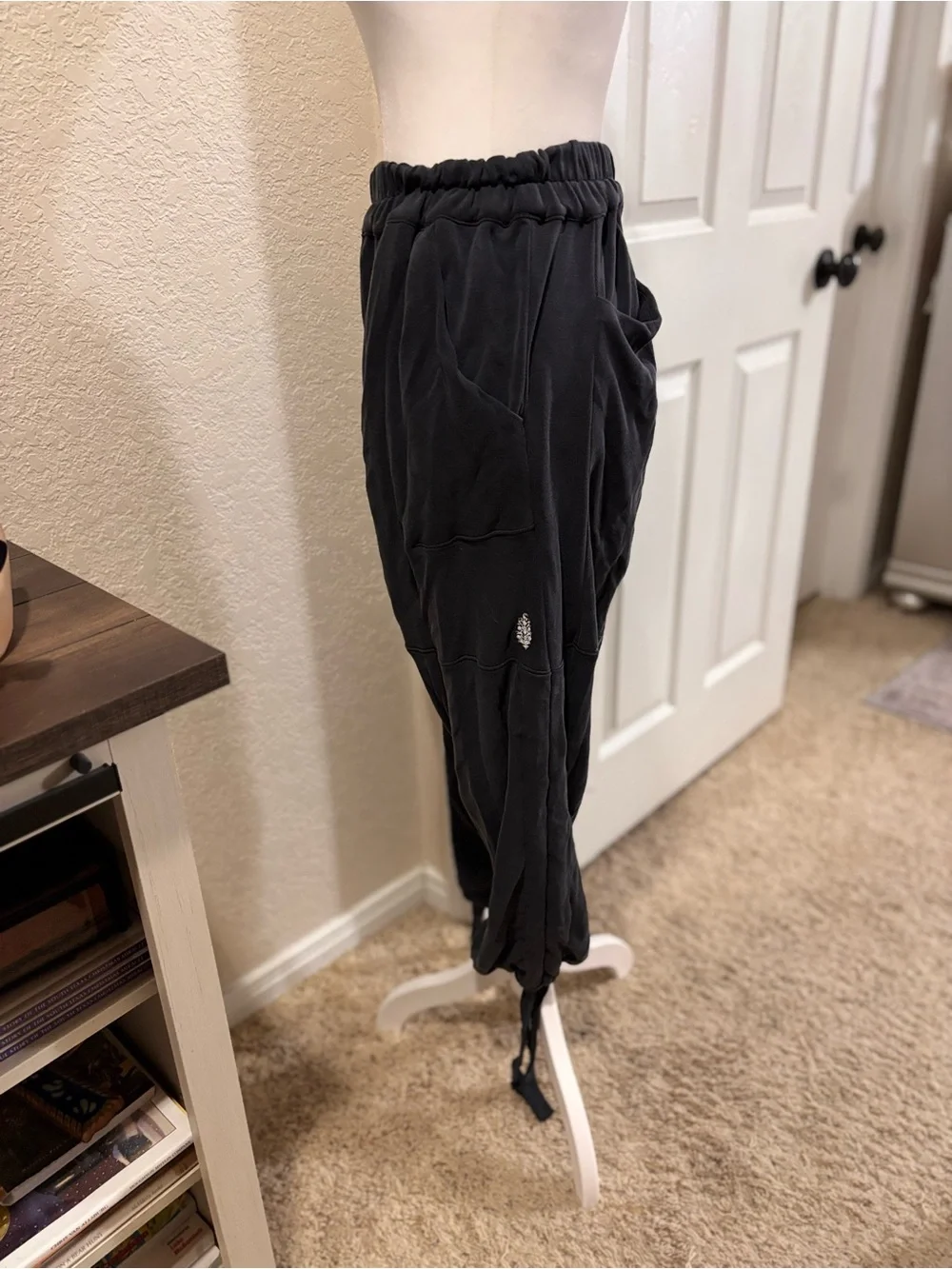 Free People distressed Black Drawstring Tie-Hem Joggers. Pockets!
